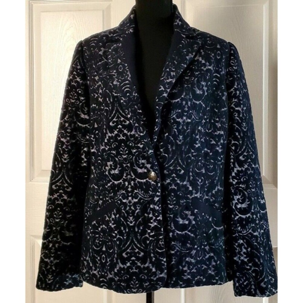 Cabi Jacquard Soft Wool Blend Blazer Blue Textured Floral Jacket Sz 8 EUC